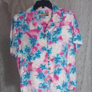 Sunset Cove Tropical Camp Shirt Blouse Pink blue White Size L  NWOT